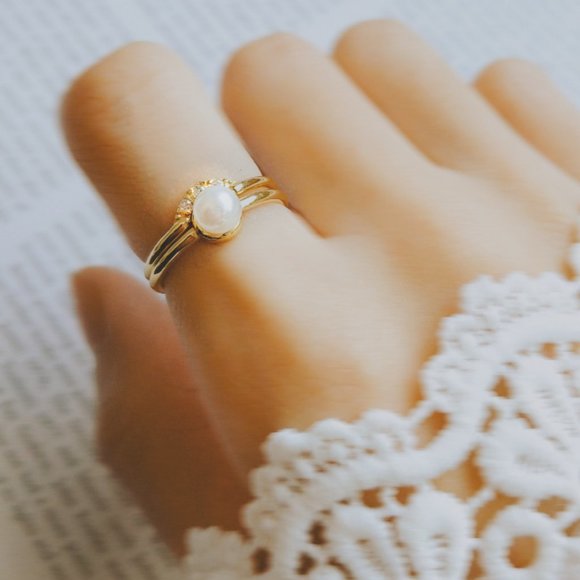 Gold Vermeil Double Layered Pearl Ring CZ Ring for Her Dainty Ring for Her - Picture 2 of 8